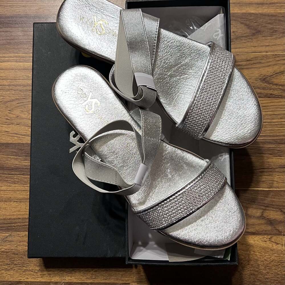 Yosi Samra Metallic Silver Elastic Strap Flat Sandals